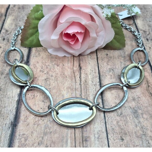 NWT Chico's Two Tone Silver & Gold Collar Bib Necklace Oval Pendants 20" - Picture 1 of 9